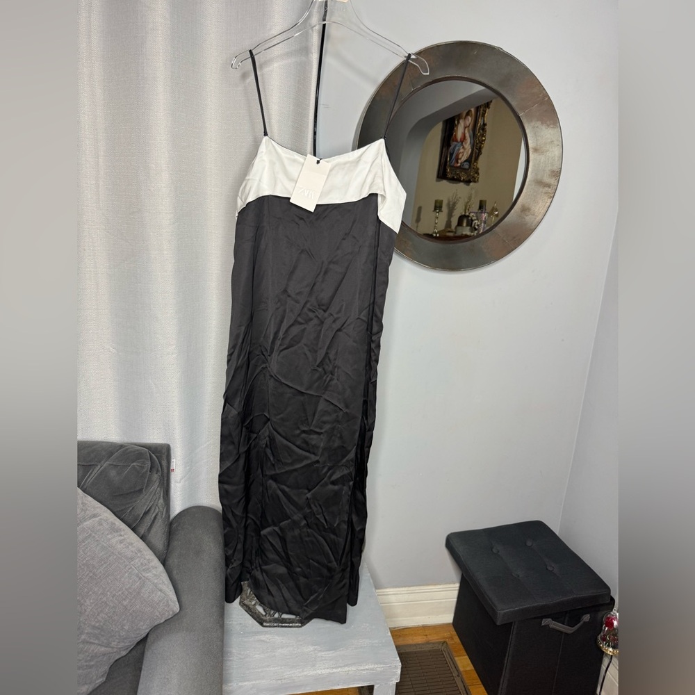 NWT Zara Woman Bloggers Fav ZW COLLECTION MINIMAL SATIN DRESS Black & White XL - Picture 10 of 12